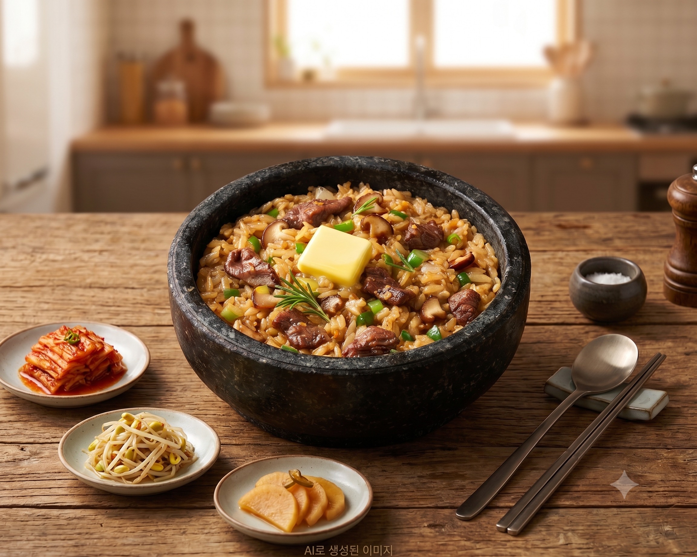양반 비빔드밥 솥밥 갈릭버터스테이크솥밥이 정갈하게 담겨진 모습